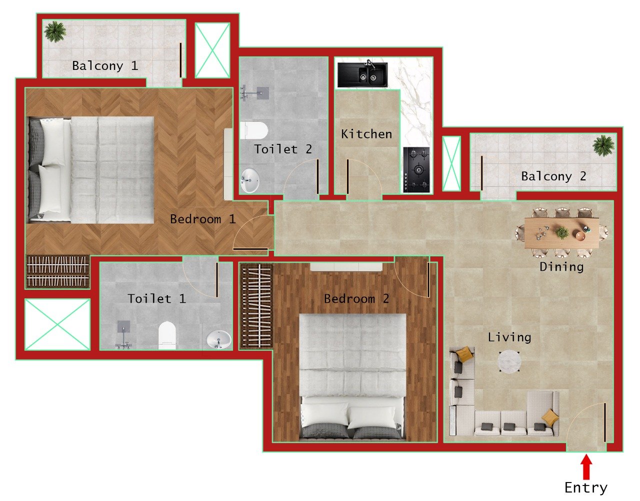 2BHK (915 SQFT)