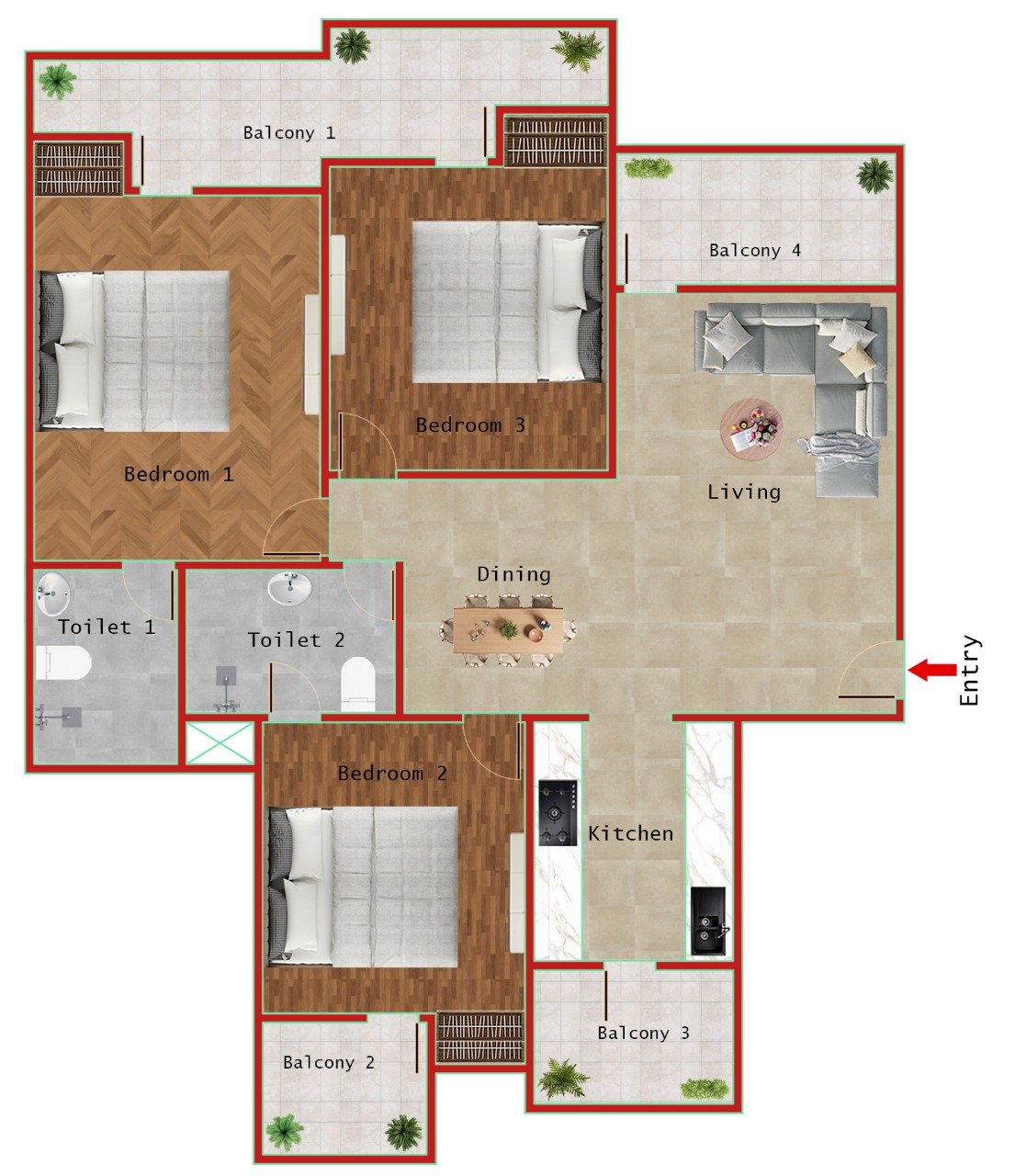3BHK + 2T (1475 SQFT)