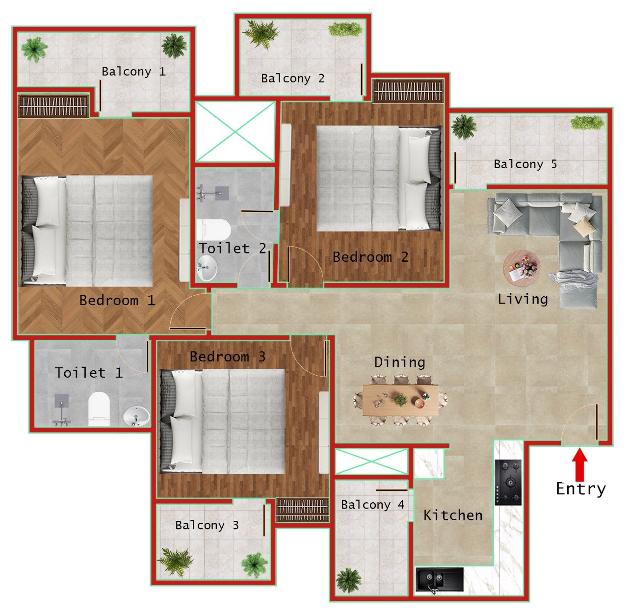 3BHK + 2T (1495 SQFT)