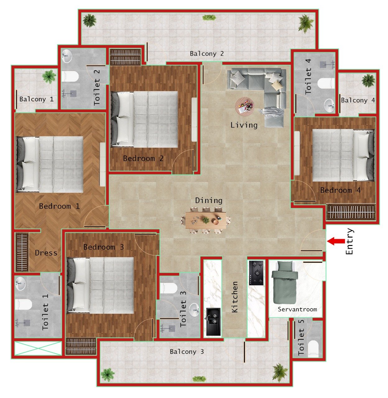 4BHK + 4T + SER (2295 SQFT)