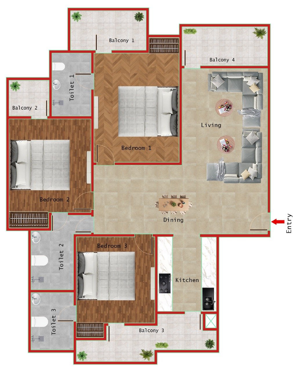 3BHK + 3T (1695 SQFT)