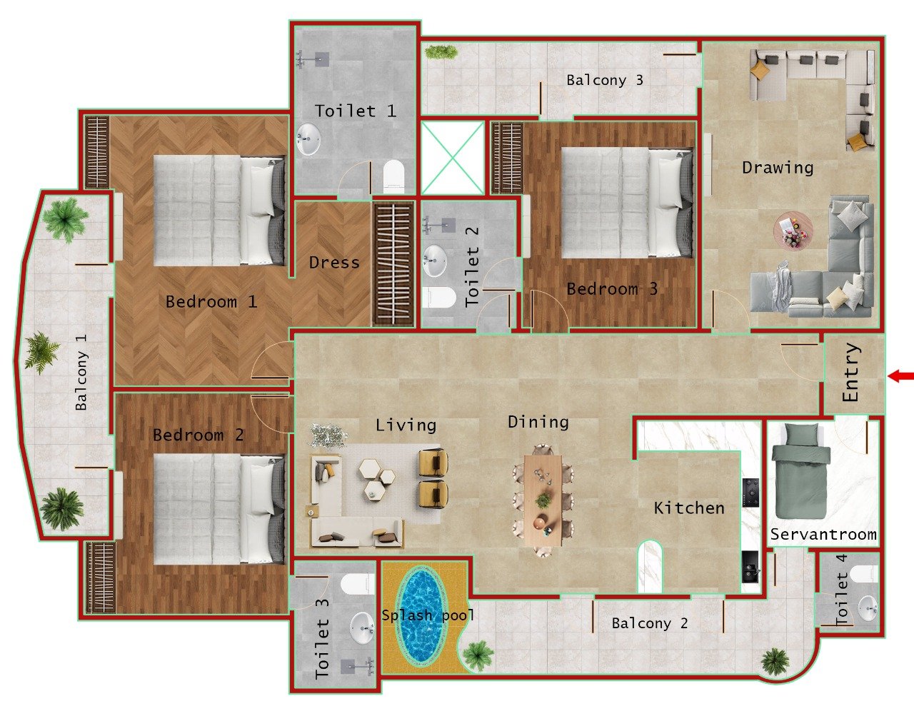 Type-3 3BHK + FAMILY LOUNGE (2475 SQFT)