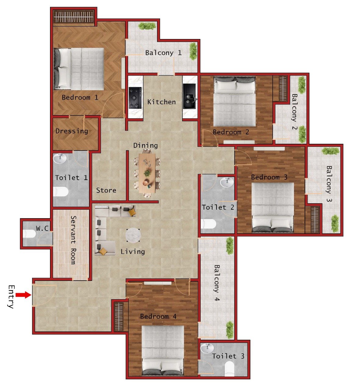 4BHK + Store + Servant Room (2275 Sqft)