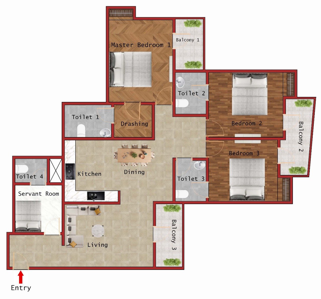 3BHK + Servant Room (1750 Sqft)