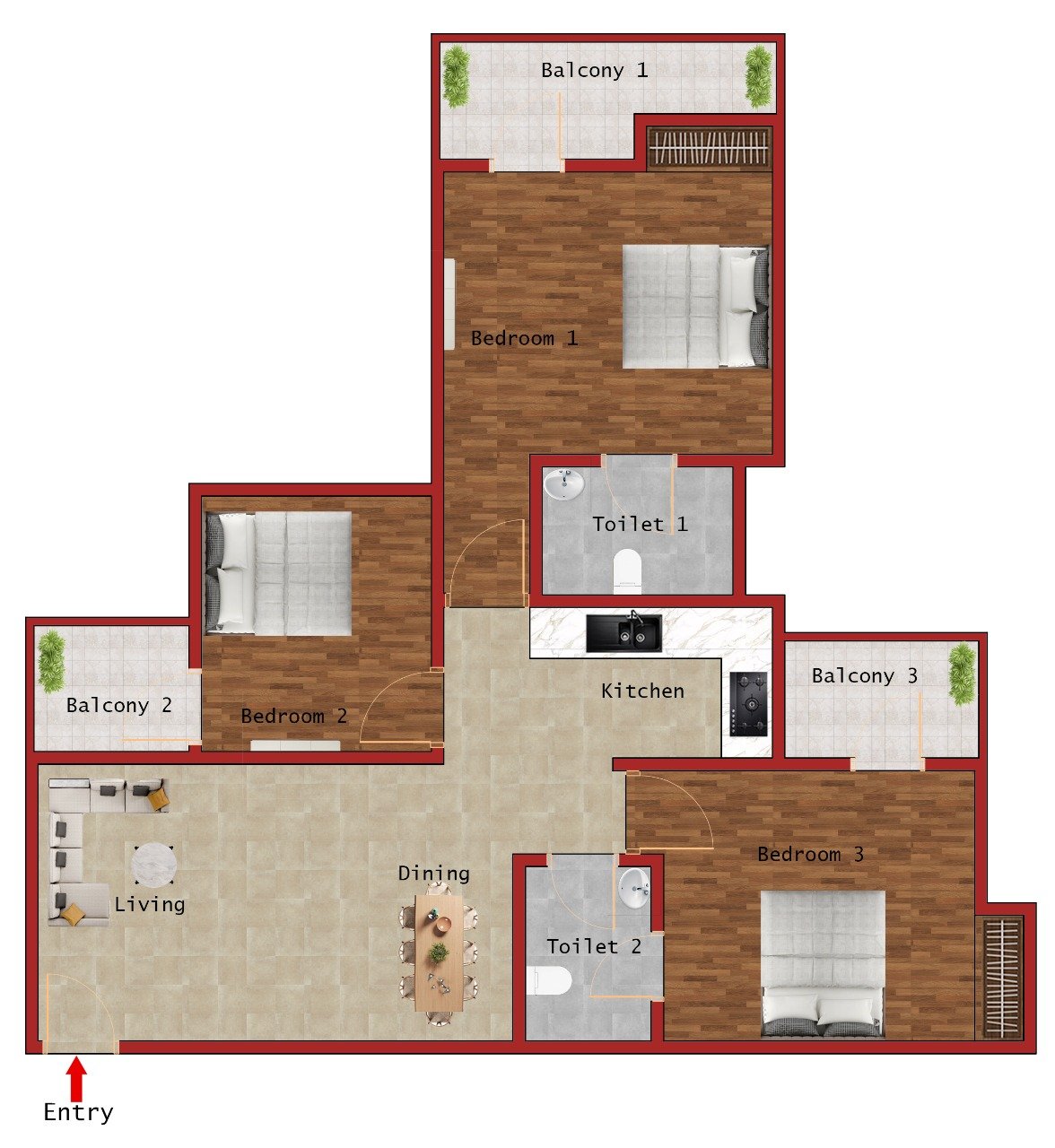3BHK (1295 Sqft)