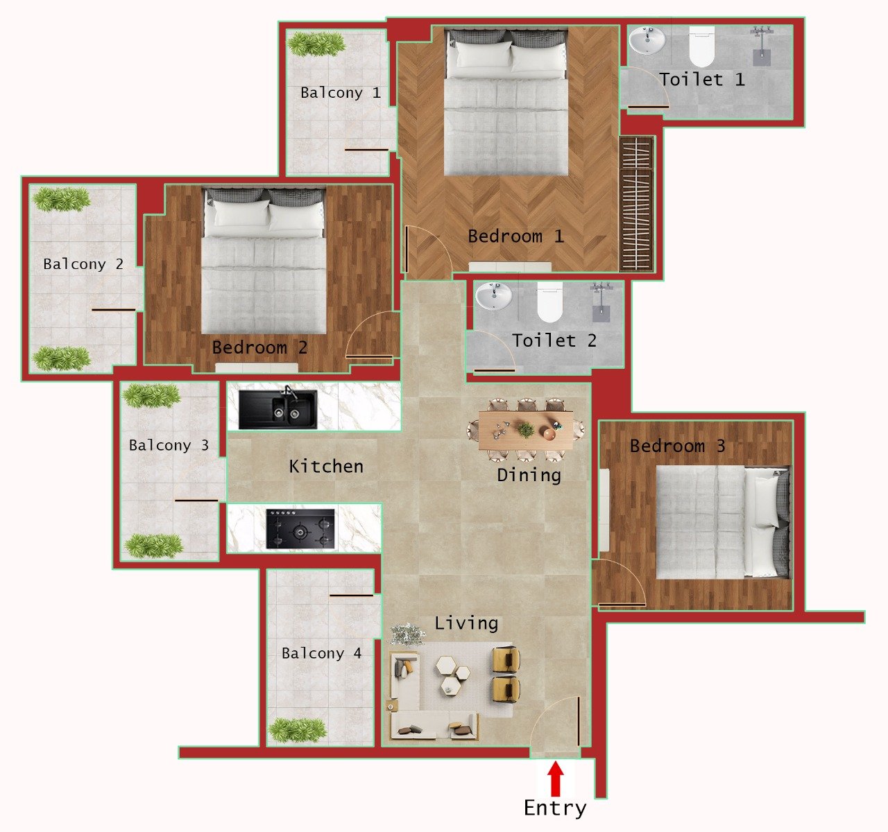 TYPE A 1340 SQFT (3BHK + 2 T)