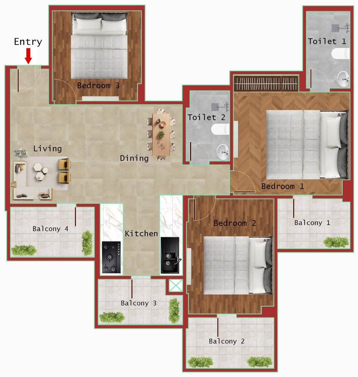 TYPE A2 1350 SQFT (3BHK + 2 T)