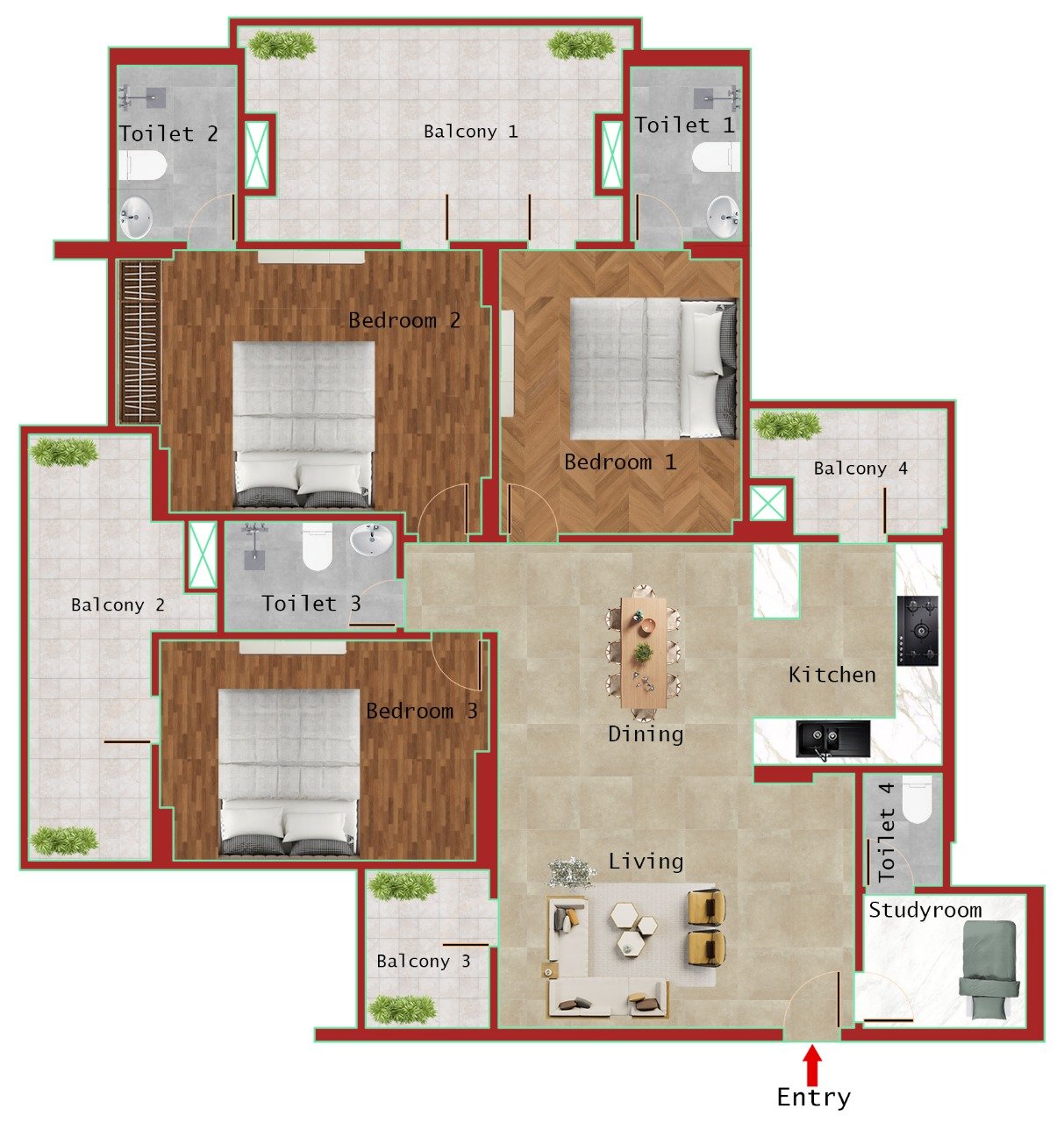 TYPE D  1995 SQFT (3BHK + 4T + STUDY)