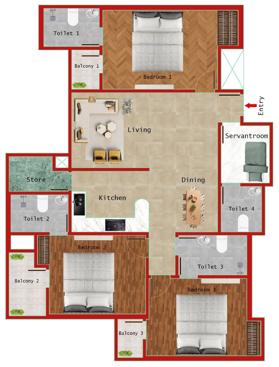 3BHK + 4T + SERVANT(1685 SQFT)