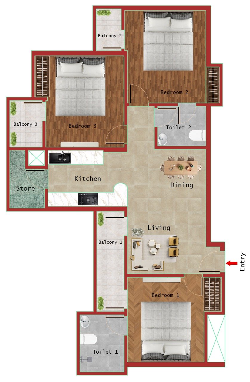 3BHK + 2T (1360 SQFT)