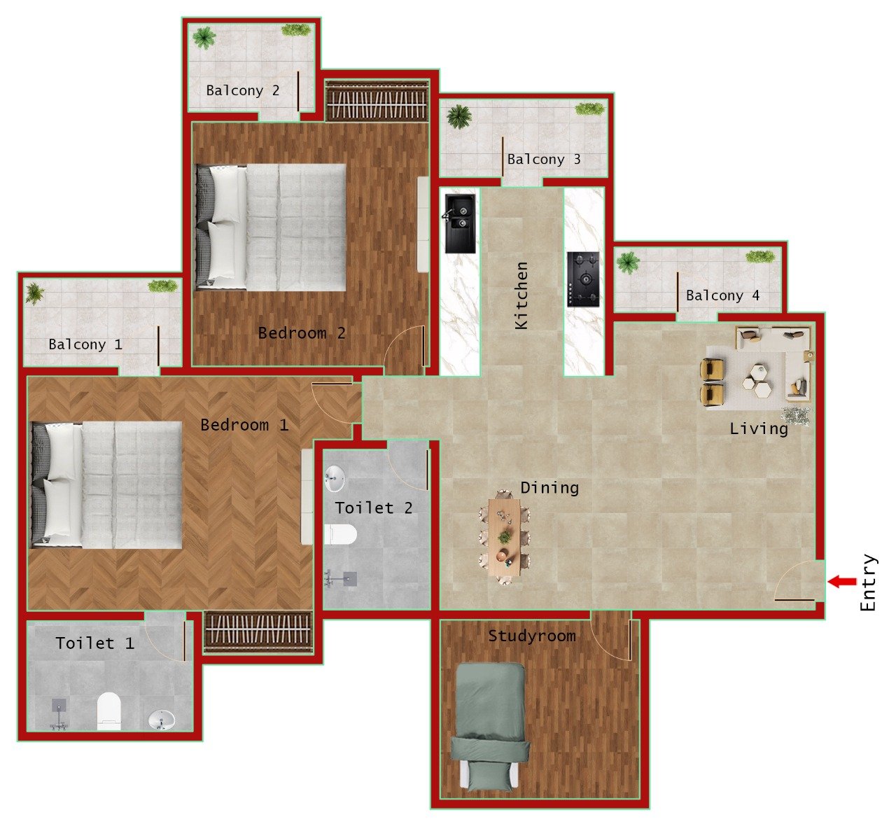 2BR + 2T (1135 SQFT)