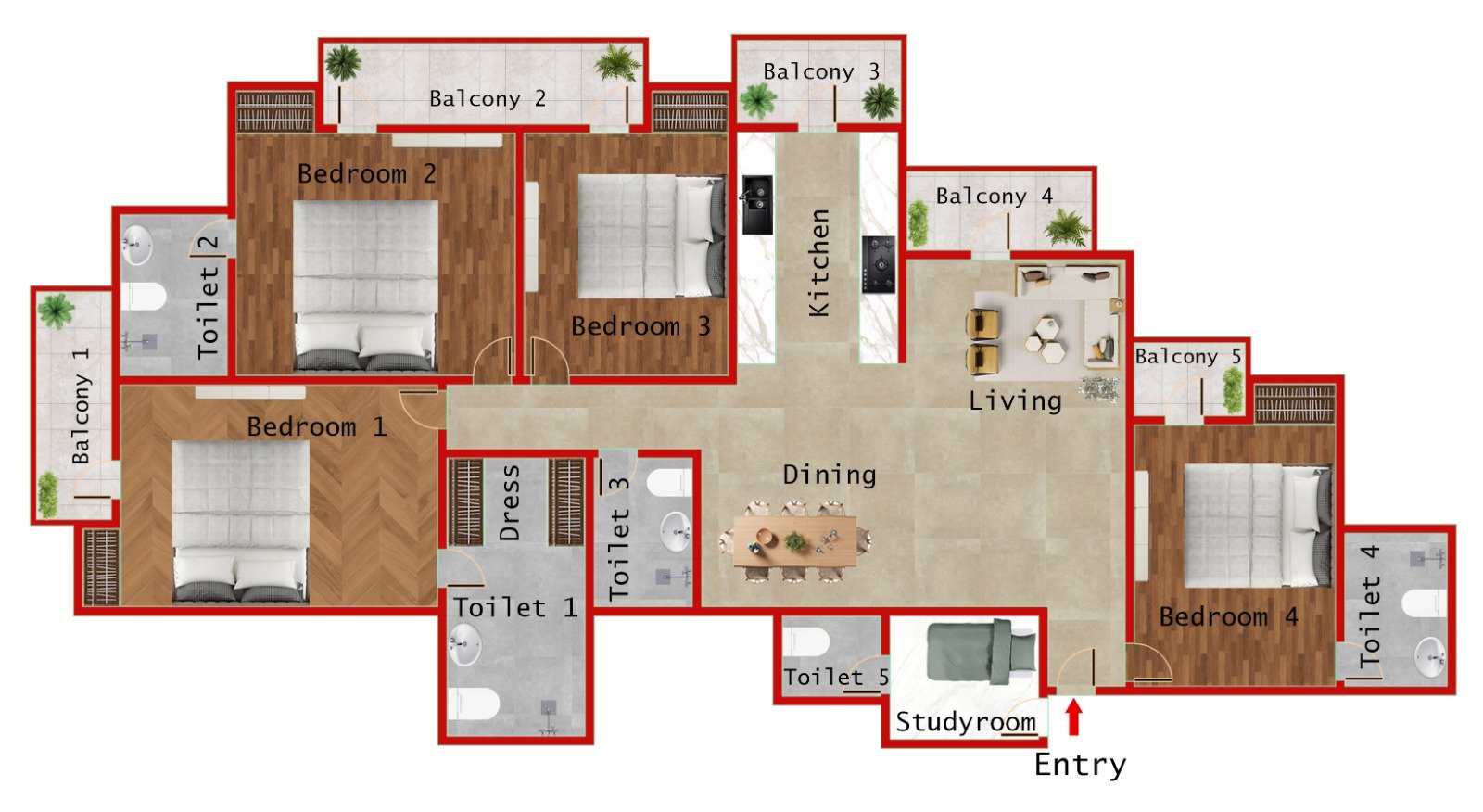 4BR + 5T (2115 SQFT)