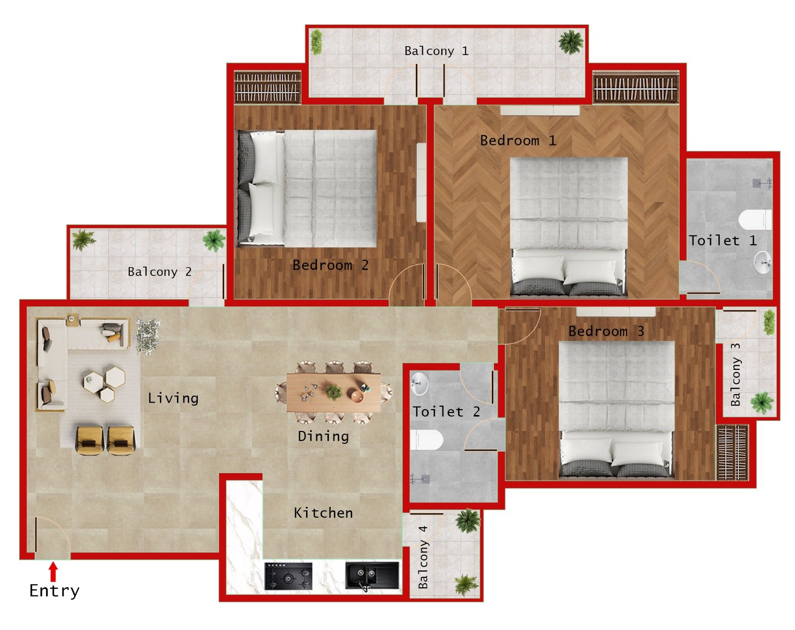 3BR + 2T (1446 SQFT)