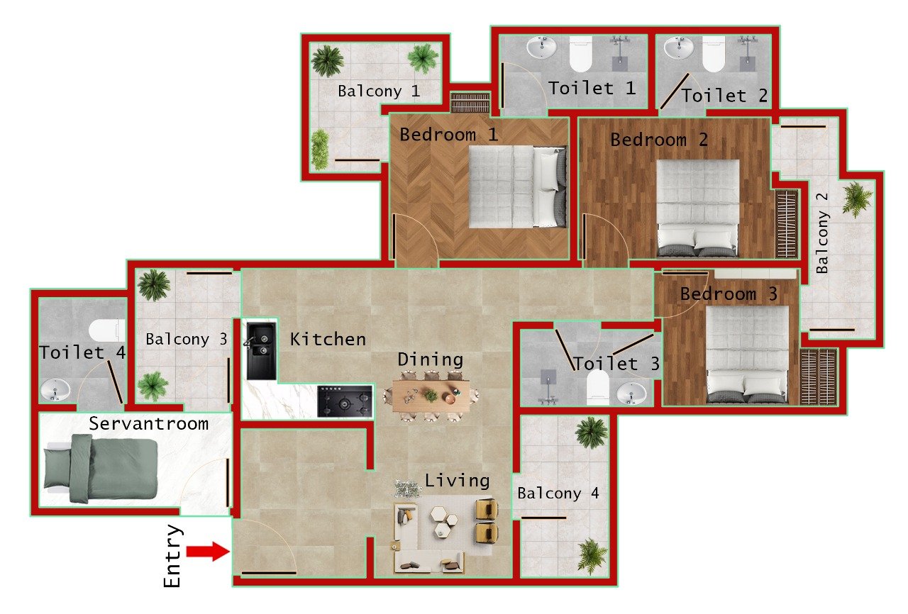 3BR + 4T (1700 SQFT)