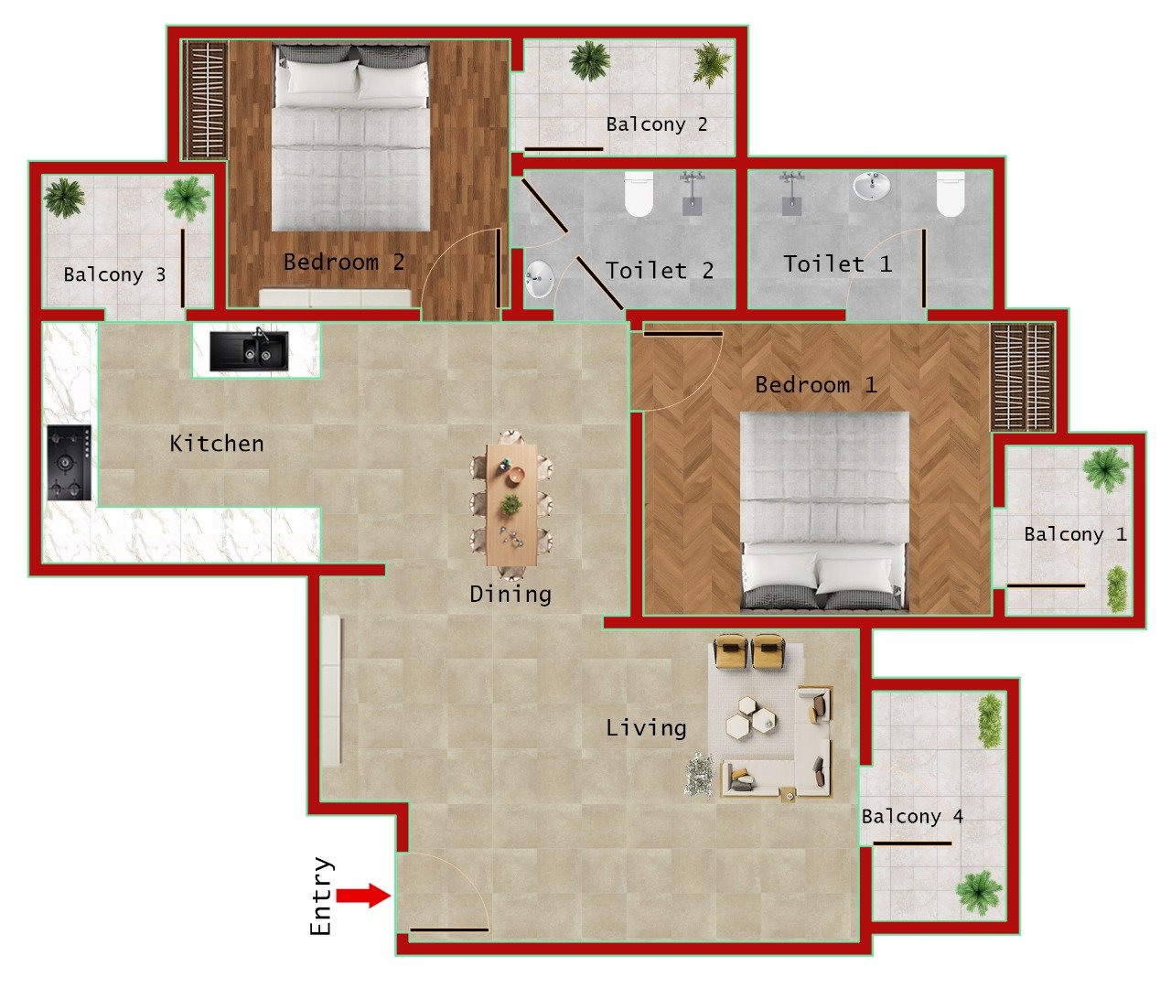 2BR + 2T (1150 SQFT)