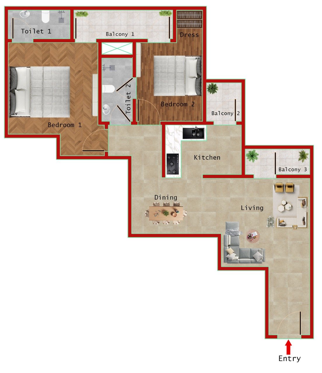 2BR + 2T (1160 SQFT)