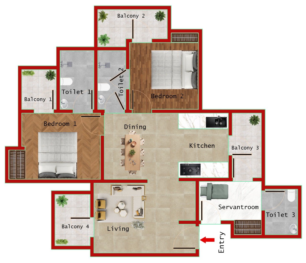 2BR + 3T (1315 SQFT)