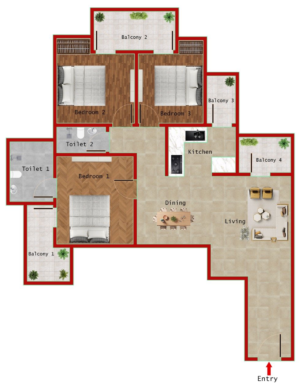 3BR + 2T (1350 SQFT)