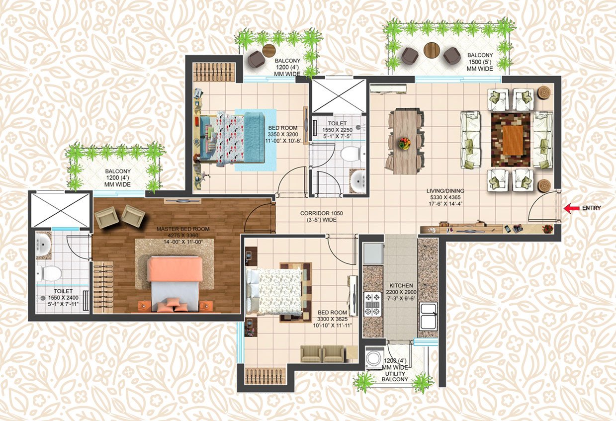 TYPE-D2 (1395 SQFT) 3BHK + 2T