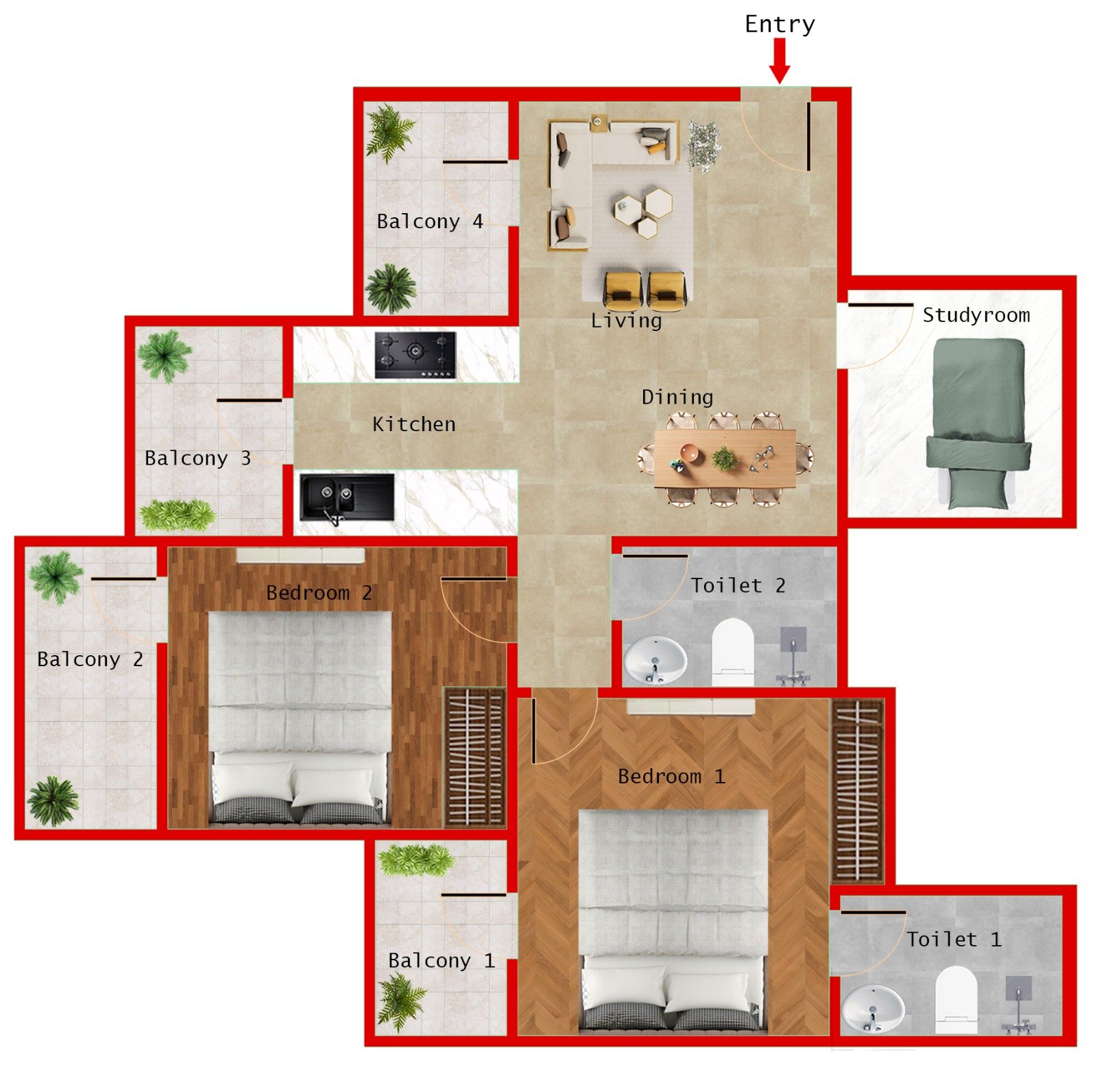 TYPE 2A - 2BR + 2T (1105 SQFT)