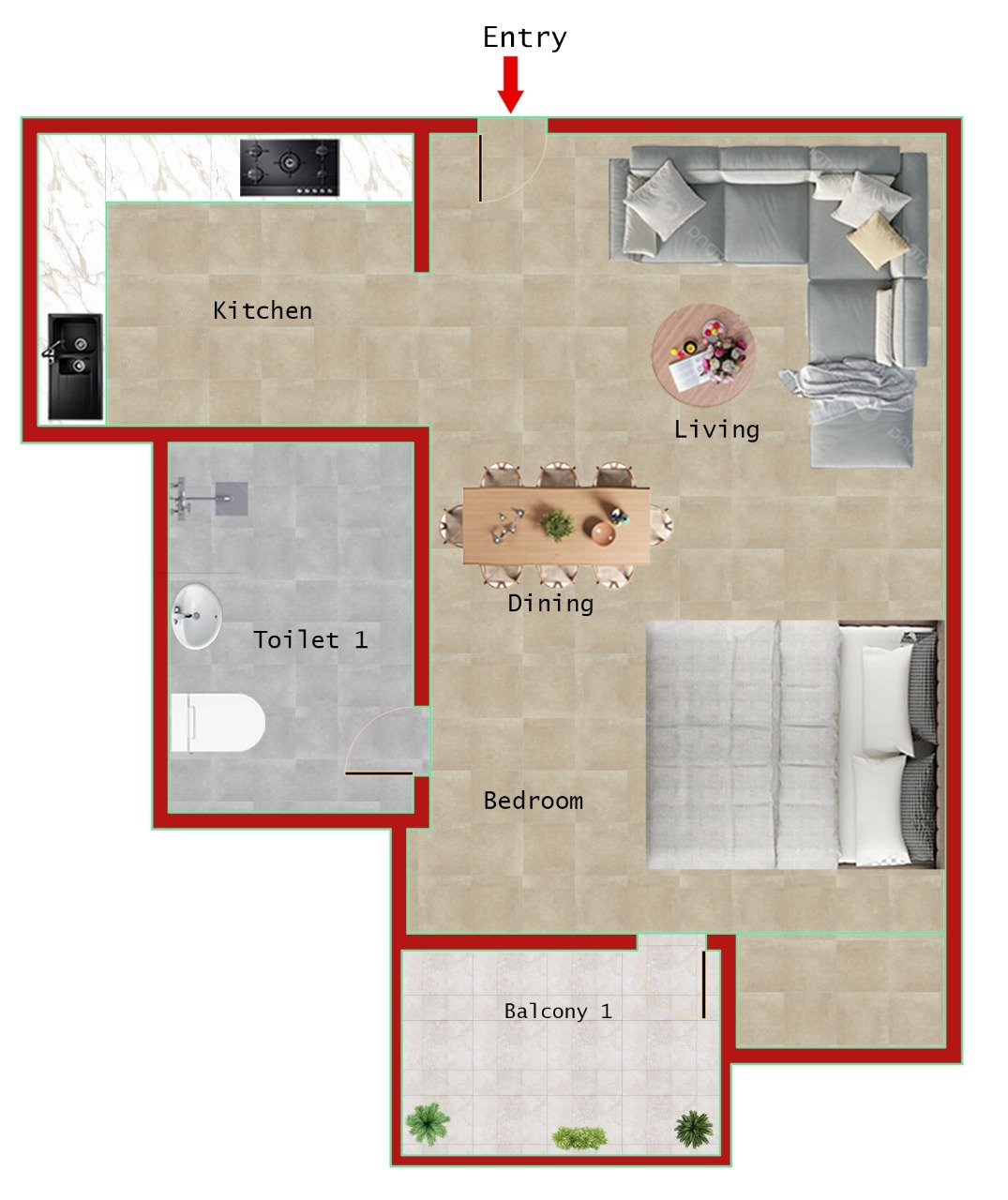 1BHK + 1T (408 SQFT)