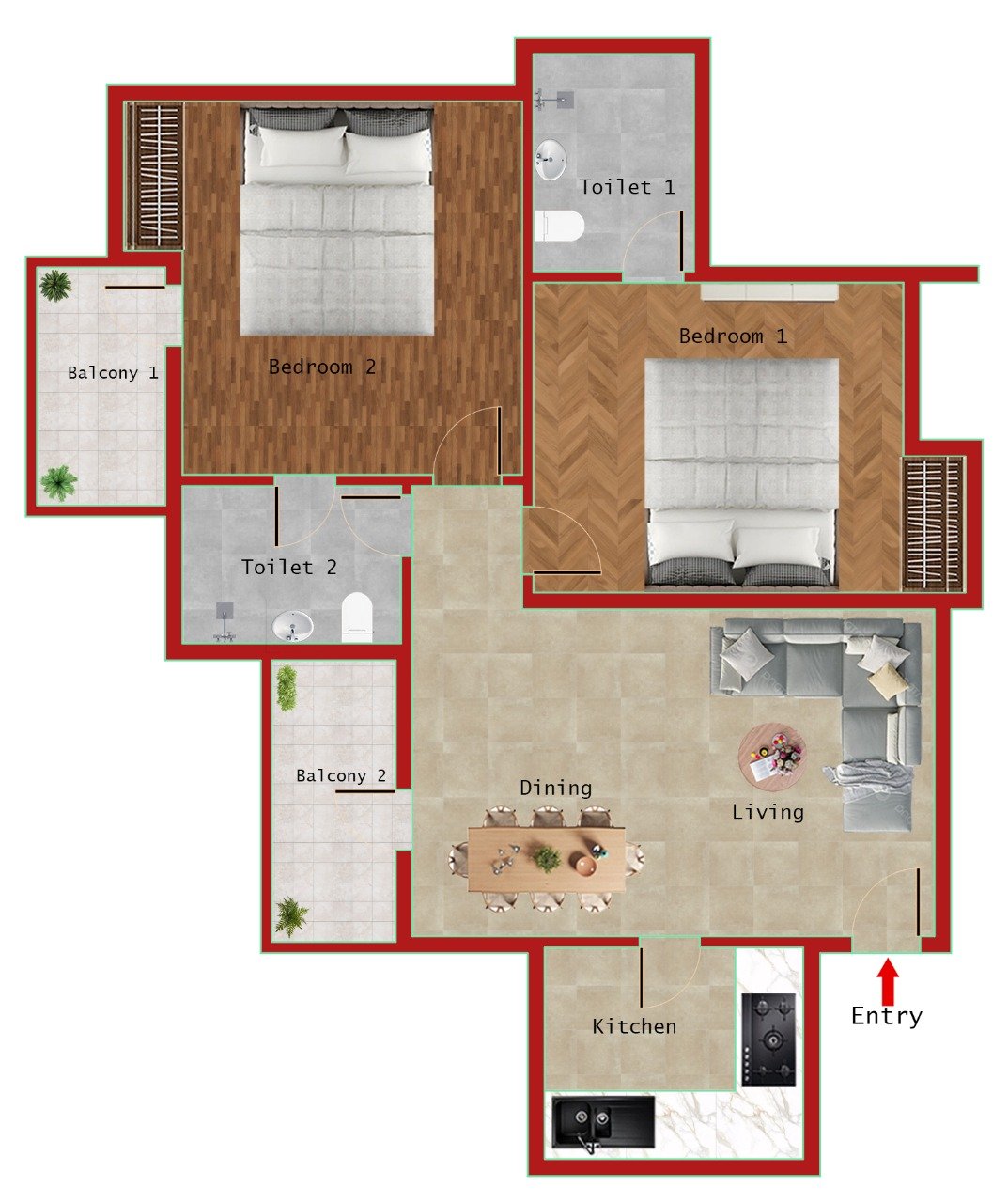 2BHK + 2T (959 SQFT)