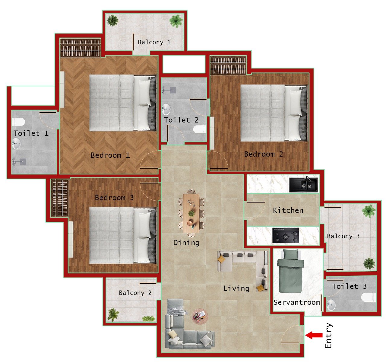 3BHK + 3T (1400 SQFT)