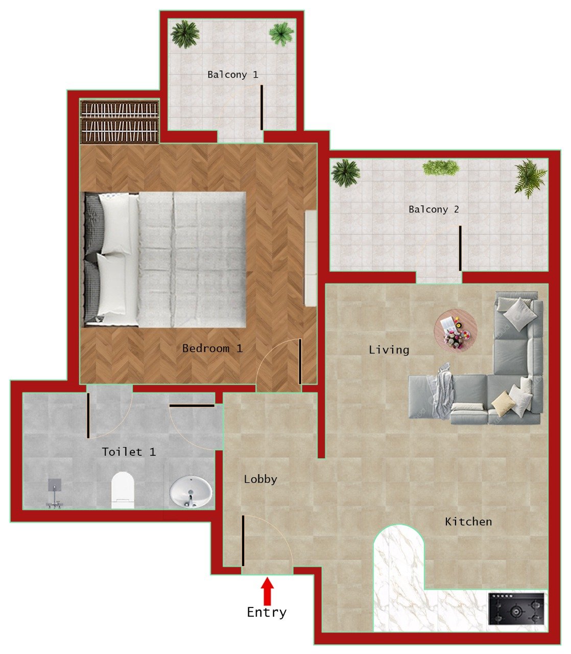 1BR + 1T (615 SQFT)