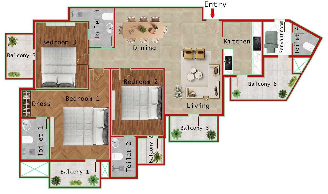 3BR + 4T (2100 SQFT)