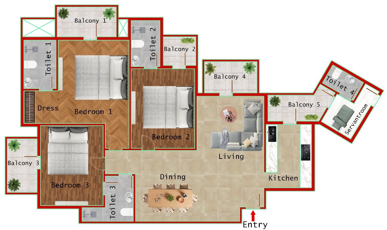 3BR + 4T (2100 SQFT)
