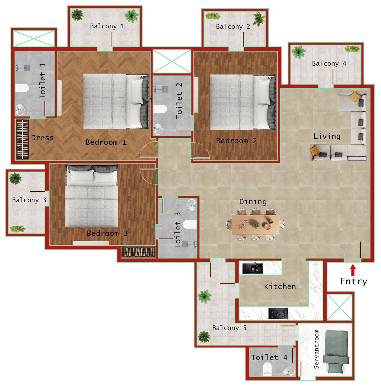 3BR + 4T (2100 SQFT)