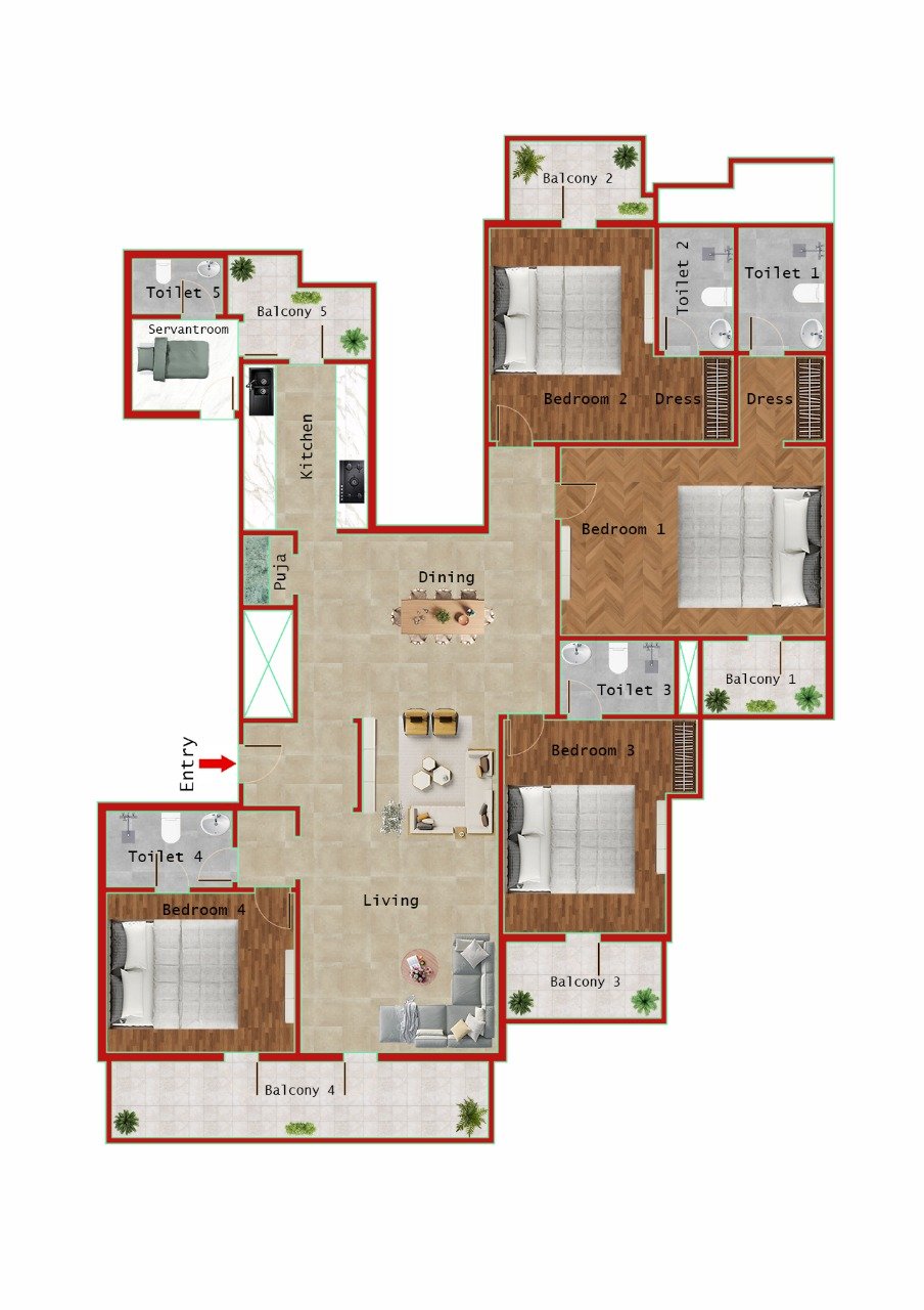 4BR + 5T (2700 SQFT)